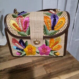 VTG 60s Straw Raffia Purse - Bags By Whidby Embroidered Flowers